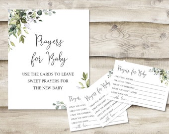 Printed Prayers for Baby Sign with 3.5x5 inch Cards, Baby Shower Wishes for New Child, Greenery Sign for New Parents at Baby Sprinkle