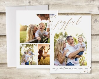 Joyful Christmas Holiday Card with Four Photographs, Family Christmas Photo Card, Holiday Faux Gold Children's Card, Modern Christmas Arch