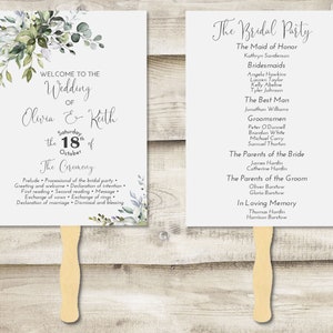 Greenery Wedding Hand Fan with Ceremony Program on Front and Bridal Party on Back, Printed and Assembled Program for Outdoor Wedding