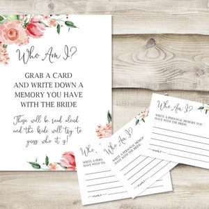 Printed Who Am I? Share a Memory with the Bride Sign with 3.5x5 inch Cards, Bridal Shower Game for Guests, Guess Who Owns Each Shared Story