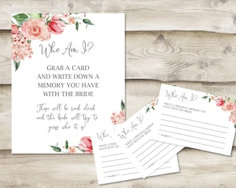 Printed Who Am I? Share a Memory with the Bride Sign with 3.5x5 inch Cards, Bridal Shower Game for Guests, Guess Who Owns Each Shared Story