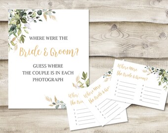 Printed Where Were the Bride & Groom? Sign with 3.5x5 inch Cards, Bridal Wedding Shower Game, Guess Where Couple Traveled, Greenery Gold
