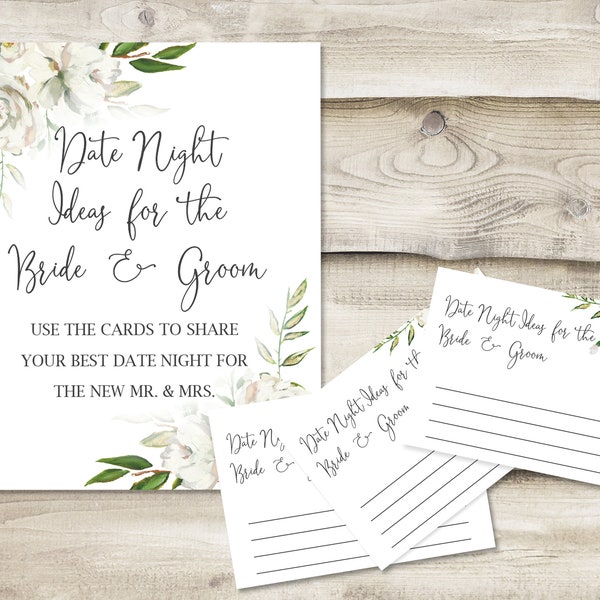 Printed Date Night Ideas for the Bride & Groom Sign with 3.5x5 inch Cards, Bridal Shower or Wedding Shower Game, Wedding Guest Book Option