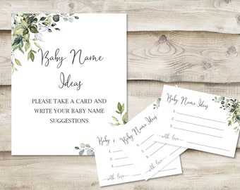 Printed Baby Name Ideas Sign with 3.5x5 inch Cards, Baby Shower Game for Mommy, Greenery Sign for Child Name Suggestions, Guess the Name