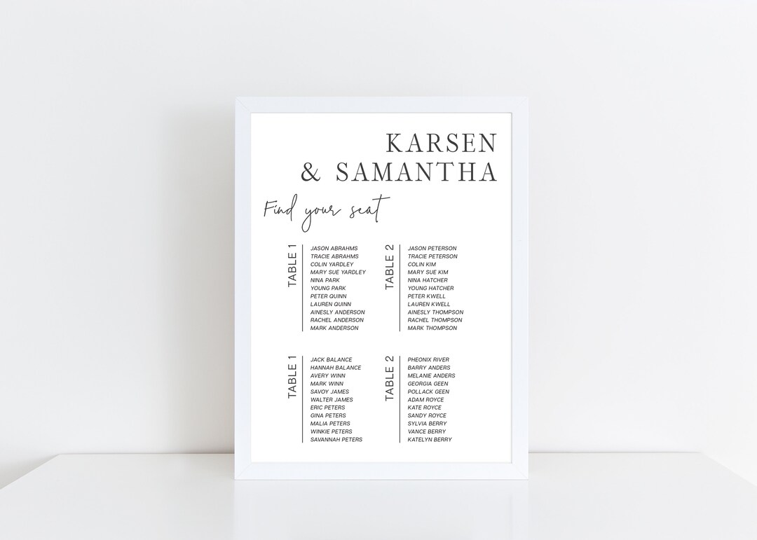Printed Seating Chart Card Stock Sign for Wedding FRAME NOT INCLUDED ...