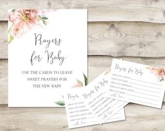 Printed Prayers for Baby Sign with 3.5x5 inch Cards, Baby Shower Wishes for New Child, Greenery Sign for New Parents at Baby Sprinkle