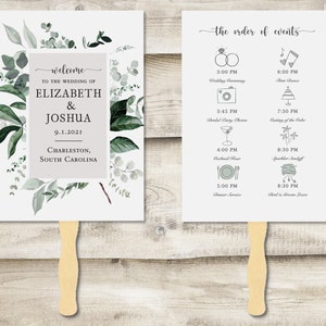 Greenery Wedding Hand Fan with Order of Events, Botanical Floral Printed and Assembled Program for Outdoor Wedding, Pictures Icons of Events