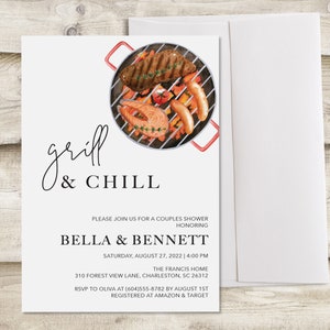 Grill & Chill Bridal Shower Invitation, Steak Dinner Outdoor BBQ Couples Wedding Shower Invite, Barbecue Baby Shower, Engagement Party