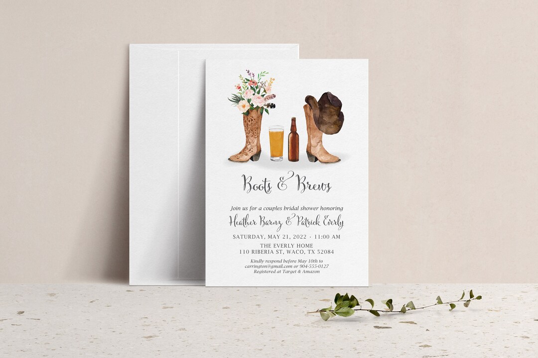 Boots & Brews Country Western Couples Wedding Shower Invitation, Floral Bridal Shower Invite