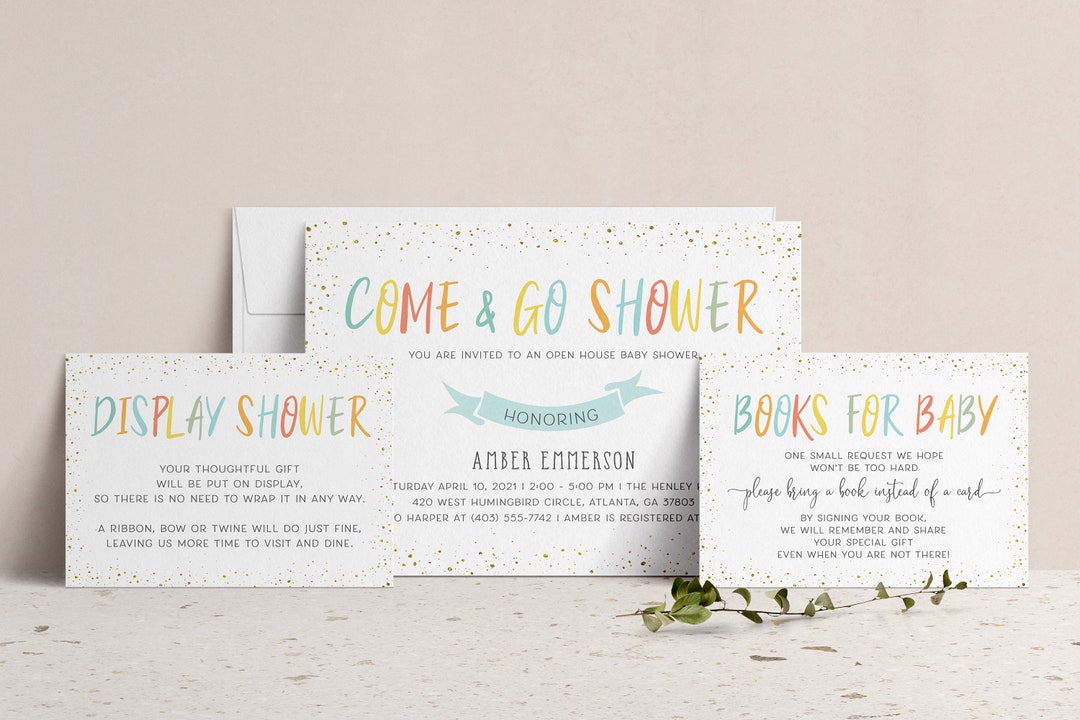Gold Confetti Come and Go Baby Shower Invitation With Book Instead of