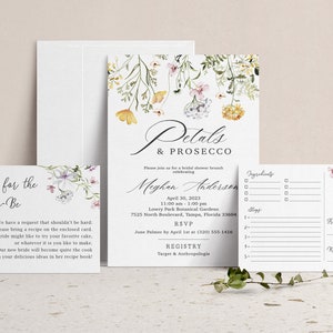 Petals and prosecco bridal shower invitation features lavender and yellow flowers, perfect for brunch or breakfast with a bride.  This listing includes an insert card for Recipes for the Bride-to-Be instructions and a matching two-sided recipe card.