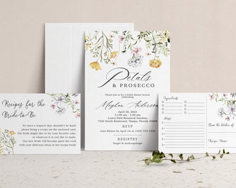 Petals & Prosecco Bridal Shower Invitation with Recipe Card and Insert Card, Greenery Floral Wedding Shower Invite, Botanical Garden Kitchen