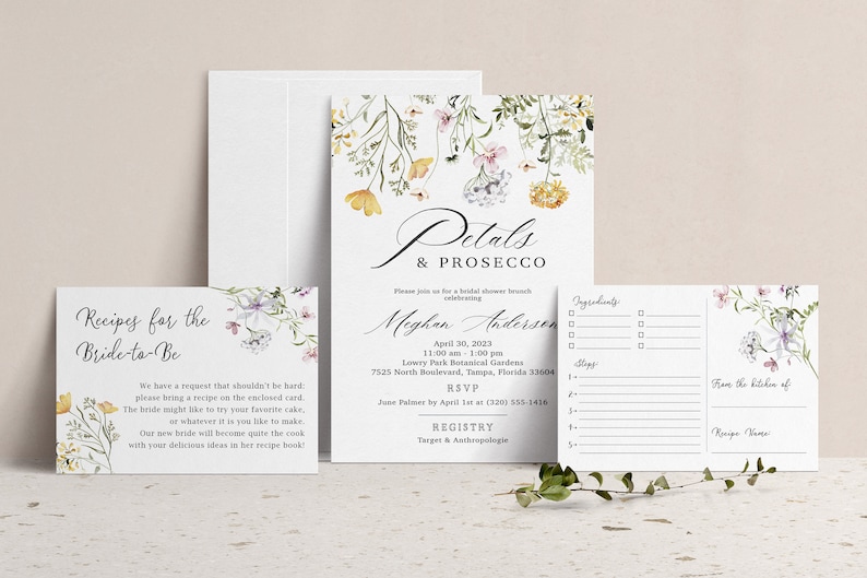 Petals and prosecco bridal shower invitation features lavender and yellow flowers, perfect for brunch or breakfast with a bride.  This listing includes an insert card for Recipes for the Bride-to-Be instructions and a matching two-sided recipe card.