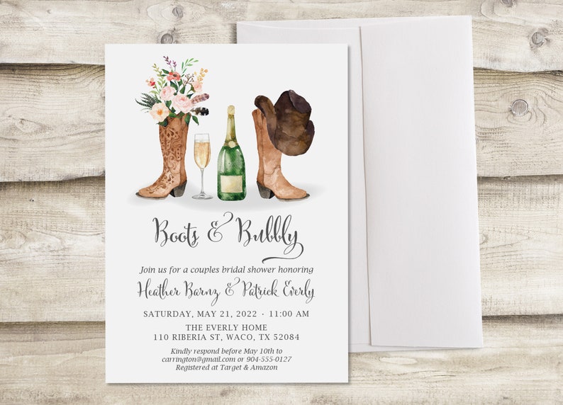 Boots & Bubbly Country Western Couples Wedding Shower Invitation, Floral Bridal Shower Invite, Breakfast Brunch Cowboy Boot Nashville Shower image 5