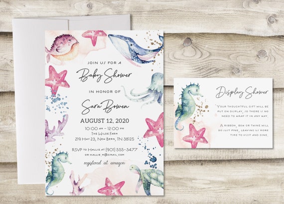 Baby Girl Under the Sea Baby Shower Invitation With Display Shower Insert  Card, Ocean Couples Shower Invite With No Wrapping, Whale, Fish 