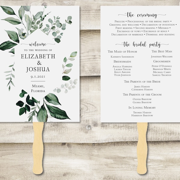 Greenery Wedding Hand Fan with Order of Events, Botanical Floral Printed and Assembled Program for Outdoor Wedding, Pictures Icons of Events