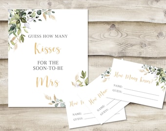 Printed Guess How Many Kisses for the Soon-to-be Mrs. Sign with 3.5x5 inch Cards, Bridal Shower or Wedding Shower Game, Greenery Gold Floral