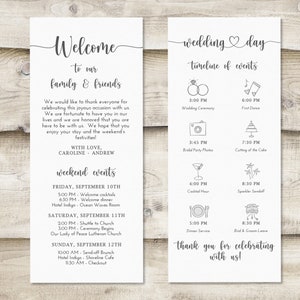 Flat 4x9.25 inch Welcome Card with Thank You Message, Weekend Events and Wedding Timeline, Order of Events for Wedding Weekend, Destination