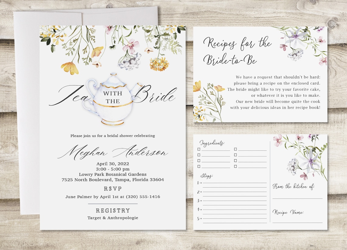 Tea with the Bride Shower Invitation with Recipe Card & Insert image 1