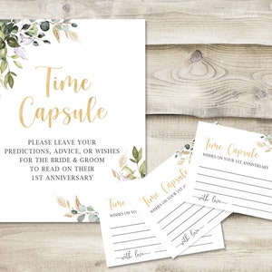 Printed Time Capsule Sign with 3.5x5 inch Cards, Greenery Gold Wedding Predictions, Advice, Wishes for Bride and Groom on 1st Anniversary