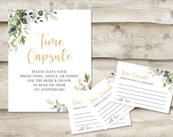 Printed Time Capsule Sign with 3.5x5 inch Cards, Greenery Gold Wedding Predictions, Advice, Wishes for Bride and Groom on 1st Anniversary