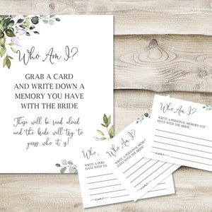 Printed Who Am I? Share a Memory with the Bride Sign with 3.5x5 inch Cards, Bridal Shower Game for Guests, Guess Who Owns Each Shared Story