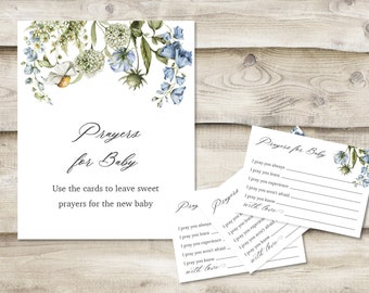 Printed Prayers for Baby Sign with 3.5x5 inch Cards, Blue Wildflower Baby Shower Wishes for New Child, Sign for Parents at Baby Sprinkle