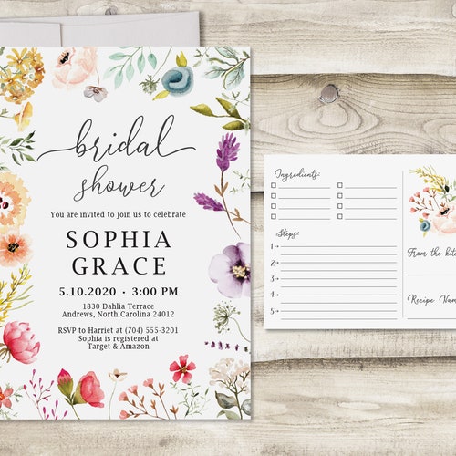 Lavender Wildflower Bridal Shower Invitation With Recipe Card Etsy