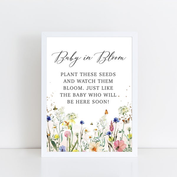 Printed Wildflower Baby In Bloom Card Stock Sign for Baby Shower or Sprinkle (FRAME NOT INCLUDED), Plant Seeds Favor, Signage for Shower
