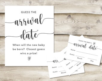 Printed Guess the Baby's Arrival Date Sign with 3.5x5 inch Cards, Baby Shower Sprinkle Due Date Guess Game, Simple Minimal, Couples Shower