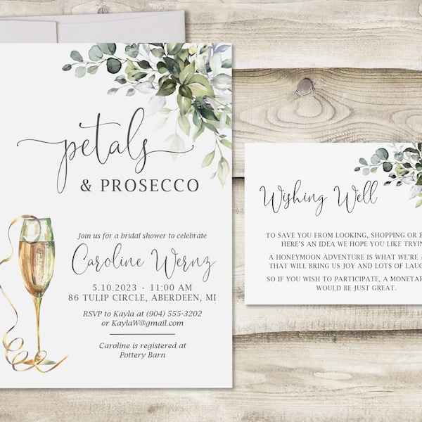 Petals & Prosecco Bridal Shower Invitation with Wishing Well Insert Card, Greenery Bridal Wedding Shower Invitation, Botanical Shower Invite