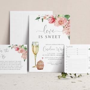 Love is Sweet Bridal Shower Invitation with Insert Card and Recipe Card, Recipes for the Bride to Be, Brunch and Bubbly Kitchen Shower