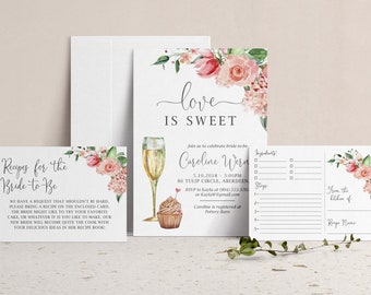 Love is Sweet Bridal Shower Invitation with Insert Card and Recipe Card, Recipes for the Bride to Be, Brunch and Bubbly Kitchen Shower