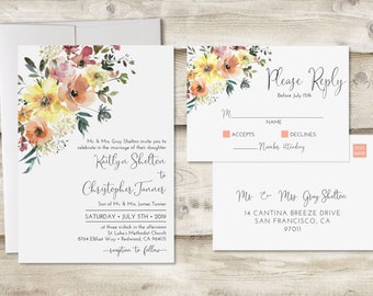 Watercolor Wedding Invitation & RSVP Postcard, Blush Pink Wedding Invitation, Watercolor Wedding Invite, Customized Blush Wedding Invite