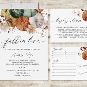 Fall in Love Bridal Shower Invitation with Display Shower Card & Recipe Card, Autumn Floral Kitchen Shower Invite, Pumpkin Squash Brunch