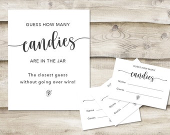 Printed Guess How Many Candies Are in the Jar Sign with 3.5x5 inch Cards, Bridal Baby or Sprinkle Shower Game, Simple Minimal, Couples