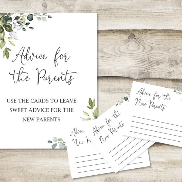 Printed Advice for the New Parents Sign with 3.5x5 inch Cards, Baby Shower Game for Mommy-to-be, Greenery Sign for Parents at Baby Sprinkle