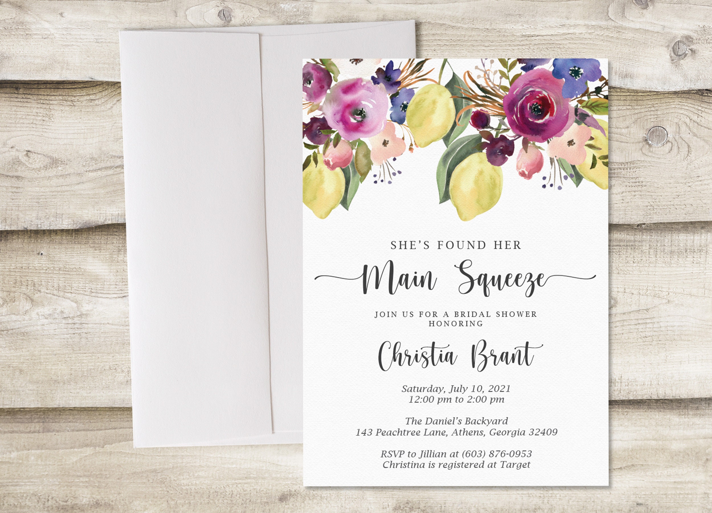 Shes Found Her Main Squeeze Lemon Bridal Shower Invitation Citrus Fruit Invite Spring Floral Bridal Shower Invitation