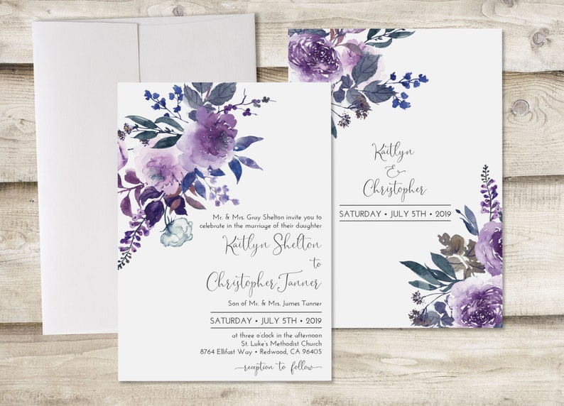 The Floral Watercolor Wedding Invitation and RSVP Set, Purple Wedding Invitation, Watercolor Wedding Invite, Customized Wedding Invite image 2