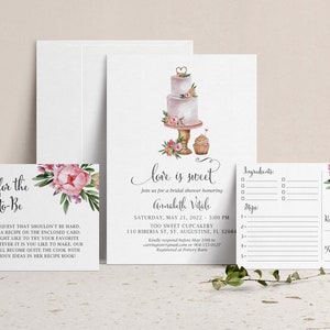 Love is Sweet Bridal Shower Invitation with Recipe Card & Insert Card, Floral Dessert Cake Wedding Shower Invite, Botanical Garden Kitchen