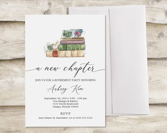A New Chapter Retirement Party Invitation, Books Library Retirement Invite, Greenery Work Business Brunch or Tea, Adventure Awaits, Travel