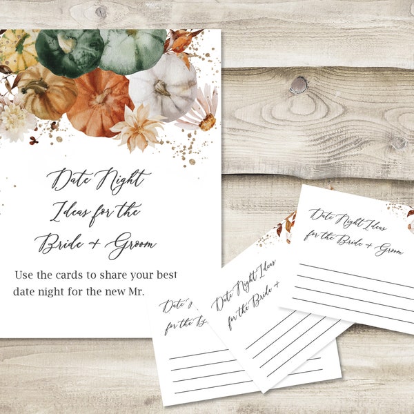 Printed Date Night Ideas for the Bride & Groom Sign with 3.5x5 inch Cards, Autumn or Fall Pumpkin Bridal or Wedding Game, Guest Book Option