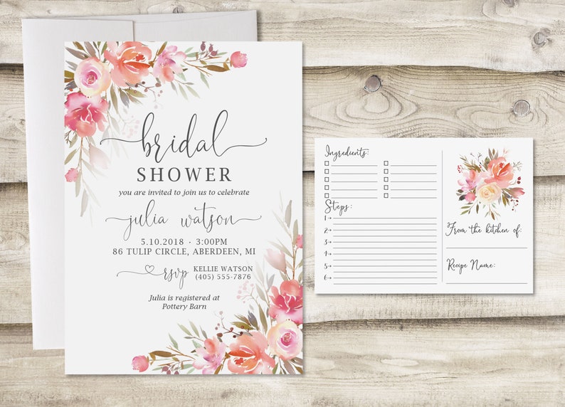 Kitchen Bridal Shower Recipe Cards for Shower Floral Kitchen Shower Blush Pink Peach Flowers Bridal Shower Recipe Card Invitation