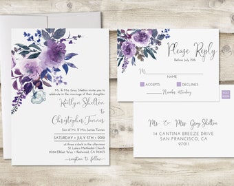 Watercolor Wedding Invitation & RSVP Postcard, Lavender Wedding Invitation, Watercolor Wedding Invite, Customized Purple Wedding Invite