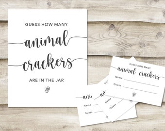 Printed Guess How Many Animal Crackers in the Jar Sign with 3.5x5 inch Cards, Baby Shower or Sprinkle Game, Simple Minimal, Couples Shower