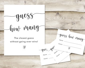 Printed Guess How Many Sign with 3.5x5 inch Cards, Generic Guessing Game with Any Items, Bridal Baby or Sprinkle Shower Game, Simple Minimal
