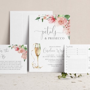 Petals & Prosecco Bridal Shower Invitation with Insert Card and Recipe Card, Recipes for the Bride, Brunch and Bubbly Kitchen Shower Invite