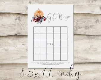 Printed Gift Bingo Card, Autumn or Fall Pumpkin Bingo Game for Bridal Shower Gifts as Bride Opens, Wedding Shower Game for Guests to Play
