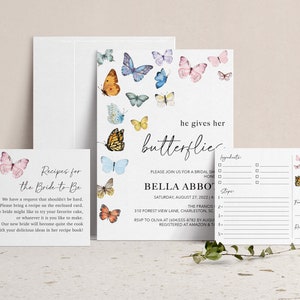 He Gives her Butterflies Bridal Shower Invitation with Recipe Card & Insert Card, Butterfly Couples Co-Ed Kitchen Shower Invite, Garden