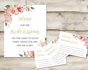 Printed Advice for the Bride & Groom Sign with 3.5x5 inch Cards, Bridal or Wedding Shower Game, Wedding Guest Book with Pink and Gold Floral